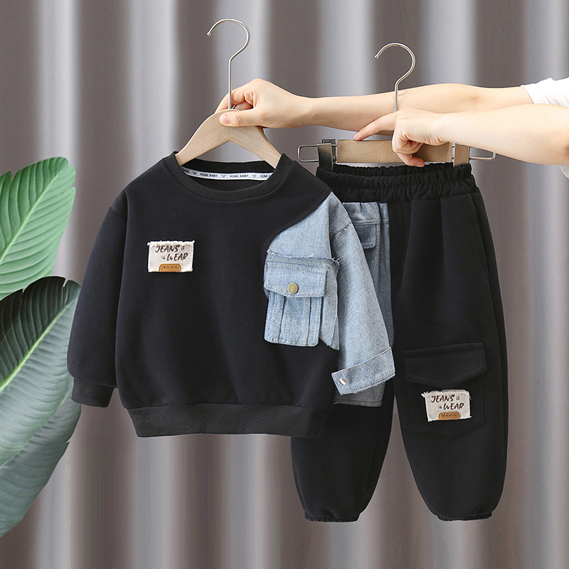 5909 traje de suéter para niños 2024 otoño nueva ropa de primavera y otoño para niños Traje de dos piezas de mezclilla cool para niños