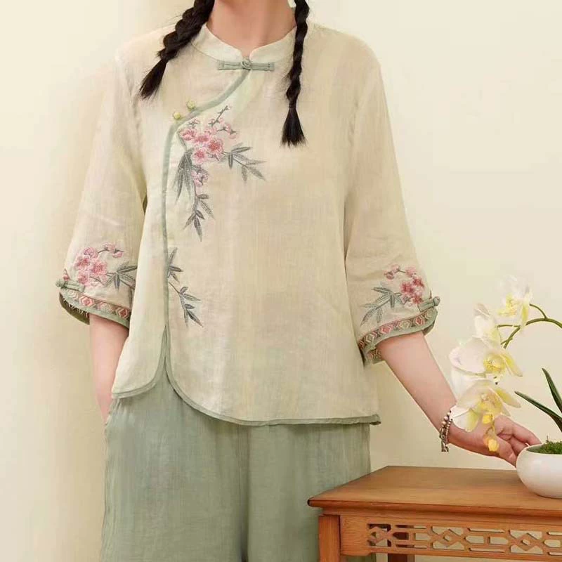 Национальный стиль большой размер хлопчатобумажная и льняная рубашка с семью рукавами женская весна и осень