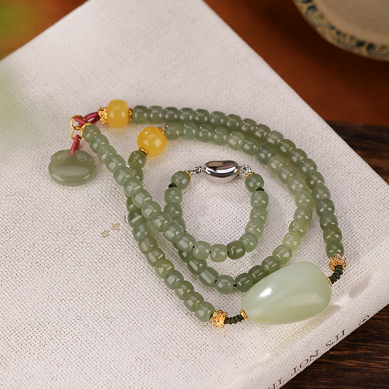 Vòng tay hai lớp bạc S925 mạ vàng kết hợp hạt ngọc bích và đá sapphire, charm Ruyi khí chất — Một chiếc