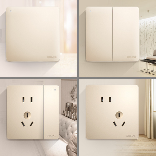 Delixi switch socket champagne gold five-hole three-hole one-open and two-open wall socket panel factory direct supply wholesale