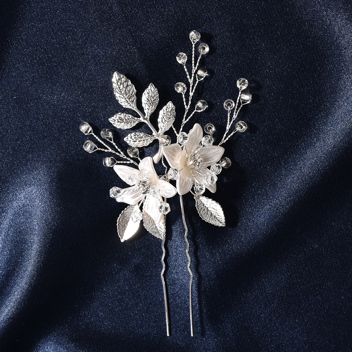 Wedding Occasion Alloy Material Bridal Headwear White Flower Leaf Shape Transparent Crystal U-shaped Hairpin