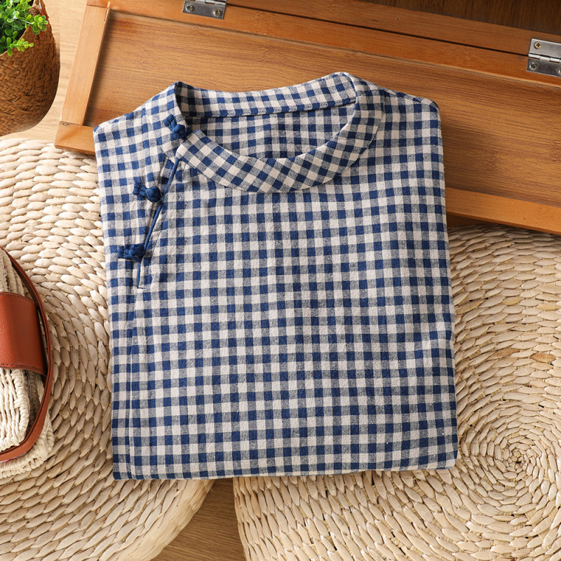 Summer New Style Retro New Chinese Style Artistic Casual Plaid Shirt with Diagonal Placket and Buttoned Shirt Tops for Women Summer New Style Retro New Chinese Style Artistic Casual Plaid Shirt with Diagonal Placket and Buttoned Shirt Tops for Women