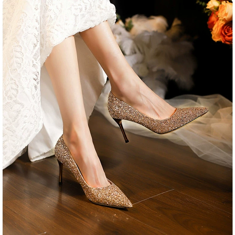 Главная Свадебное платье Свадебные туфли шампанское Золотые каблуки на высоком каблуке хрустальные свадебные туфли невесты туфли на каблуках 2024 новый стиль