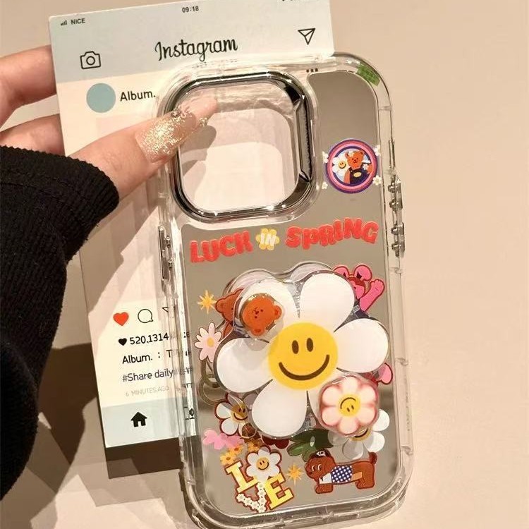 Verano lindo dibujos animados flor oso para iphone15 espejo 16ProMax funda para teléfono móvil Apple 13 femenino 14