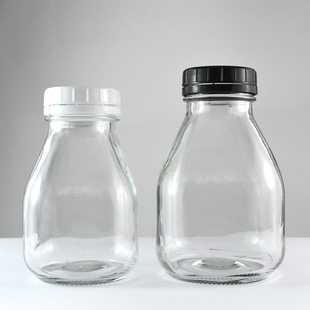 New low square cone glass beverage bottle disposable fresh milk plastic anti-theft lid juice milk tea yogurt bottle