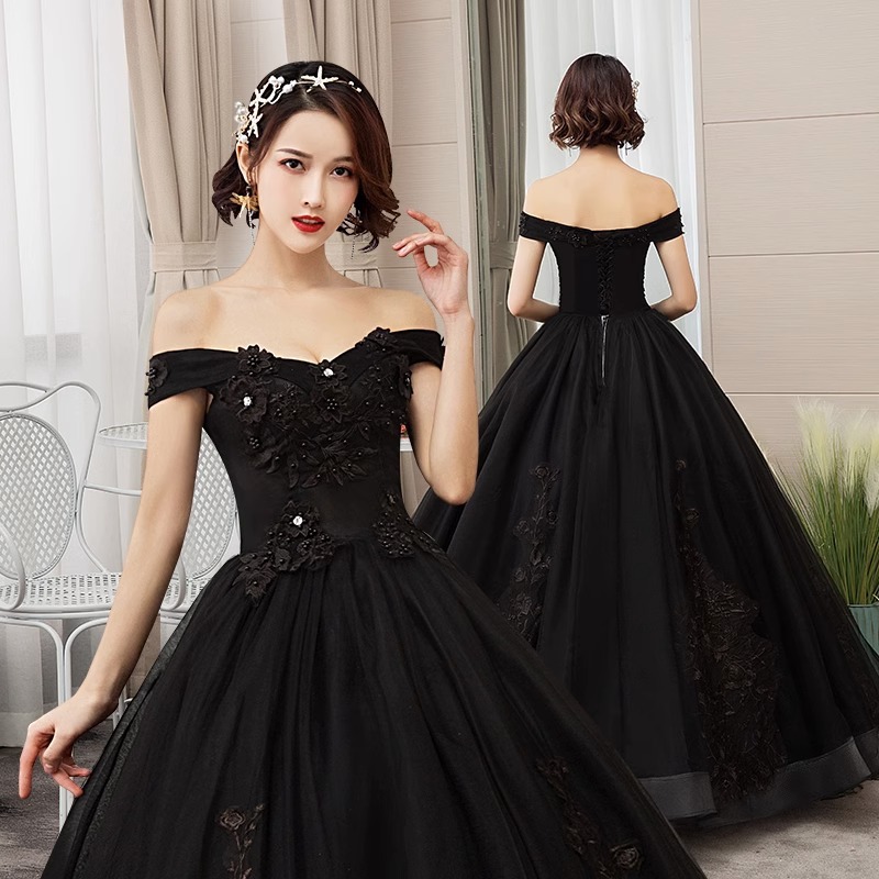 晚礼服新款婚纱礼服黑色一字肩独唱主持演出蓬蓬裙长款女影楼主题