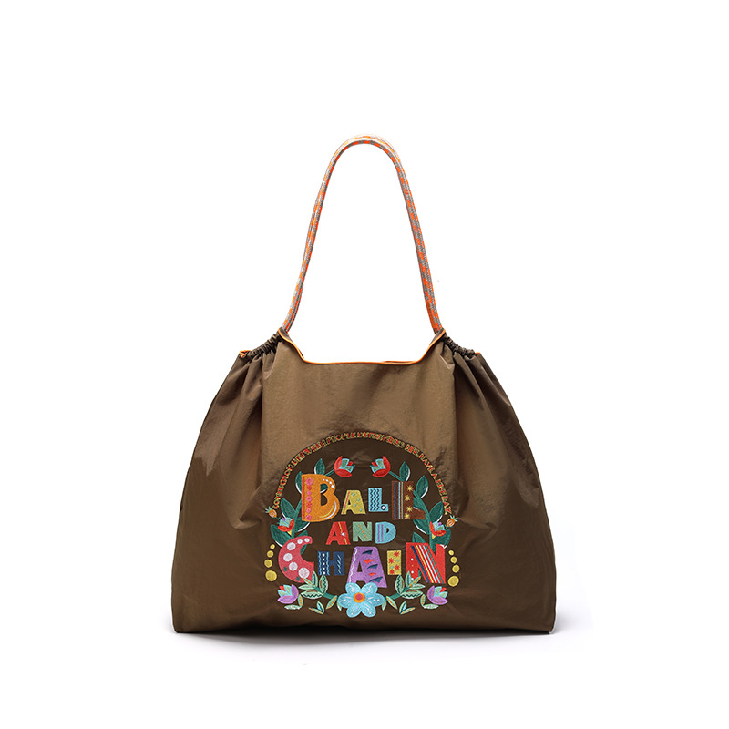Bolsa de compras ecológica de cadena de bolas casera japonesa, bolsa de lona portátil bordada de tela de nailon, bolsa de compras de nailon