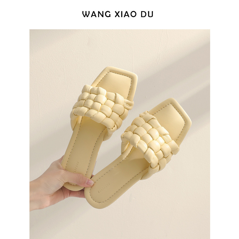 [Wang Xiaodu] in stock ● cotton candy-square toe woven slippers women's summer outer wear flat sandals women's summer