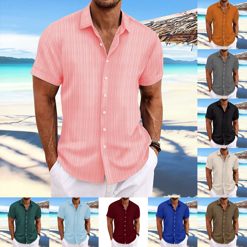 Cross-Border Popular Amazon Aliexpress New Men's Cotton and Linen Striped Jacquard Casual Loose Short-Sleeved Shirt
