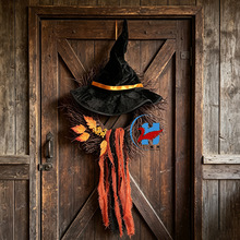 跨境新款女巫帽藤圈丝带花环万圣节装饰挂件Halloween Wreath
