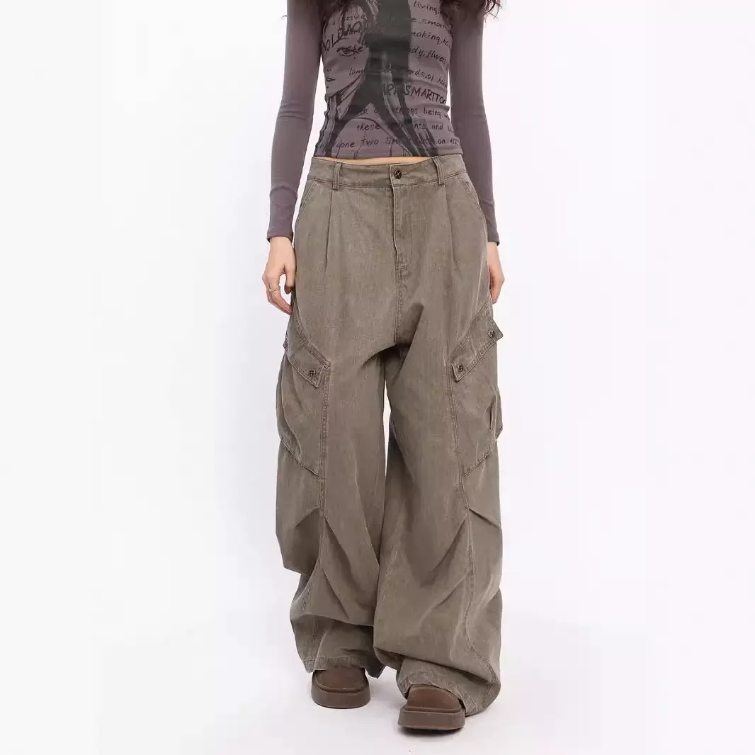 2024新款跨境直销美式复古水洗大口袋牛仔裤女嘻哈阔腿工装拖地裤