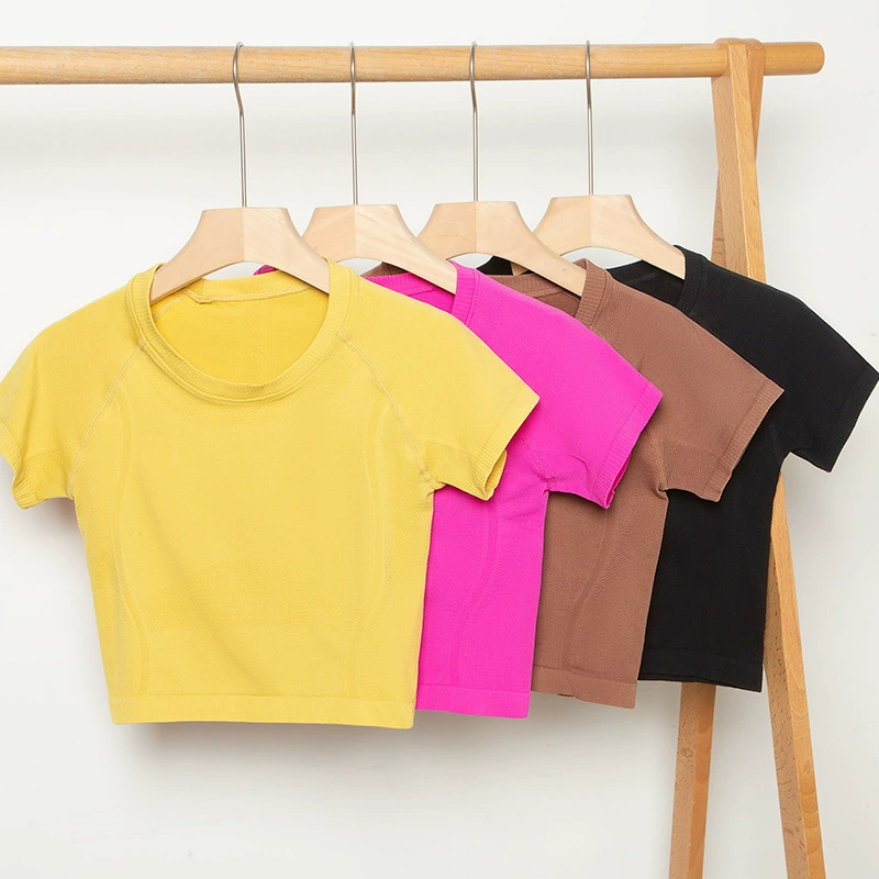 Thin sports short sleeve T-shirt, short breathable quick dry yoga clothing for gym, tight, round collar, for running