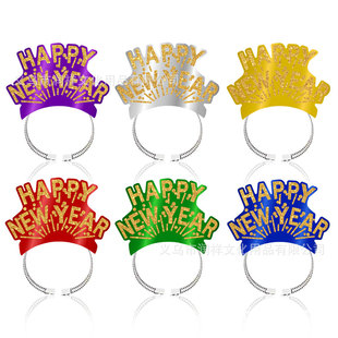 New in stock Happy New Year Colorful Paper Hair Band Glitter Powder Gold Powder Printed HAPPY NEWYEAR Headband