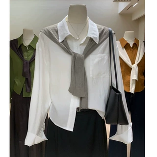 韩系慵懒落肩袖翻领衬衫早秋高级感新品宽松显瘦纯色上衣女配披肩