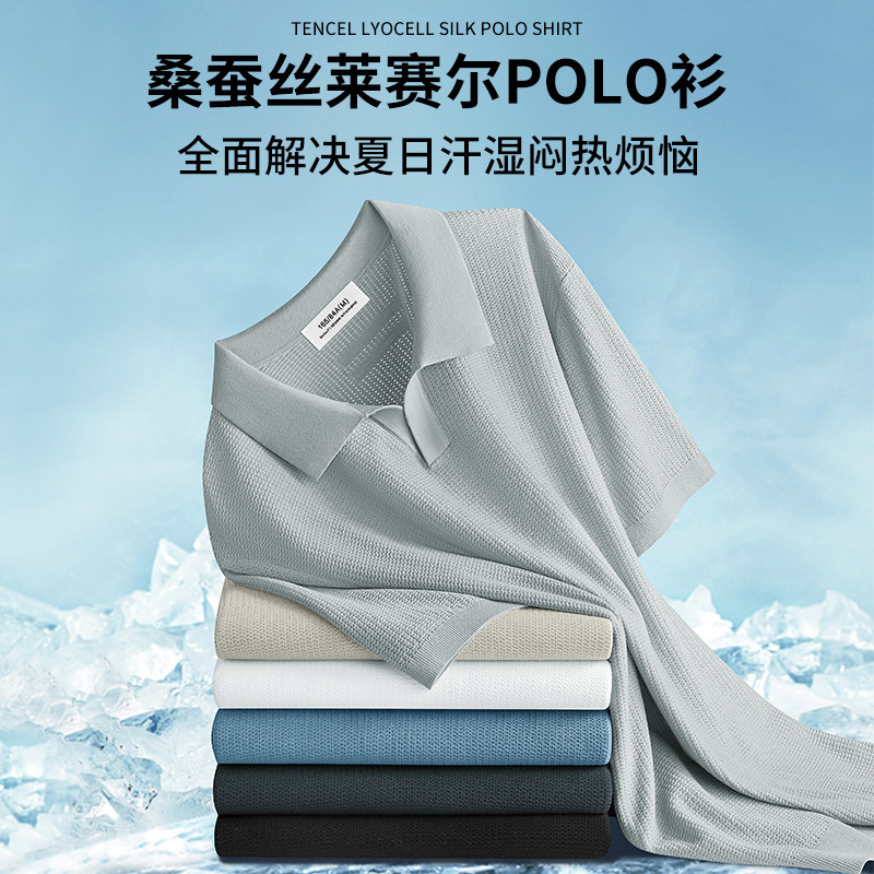 High Quality Mulberry Silk Lyocell Seagull Collar Men's Short-Sleeved T-Shirt 2025 Summer New Knitted Polo Shirt for Men