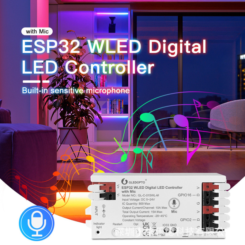 Gledopto Rgb+Ic Smart Wled Esp32 Controller DIY Light Effect 100+ with Microphone Ws2811