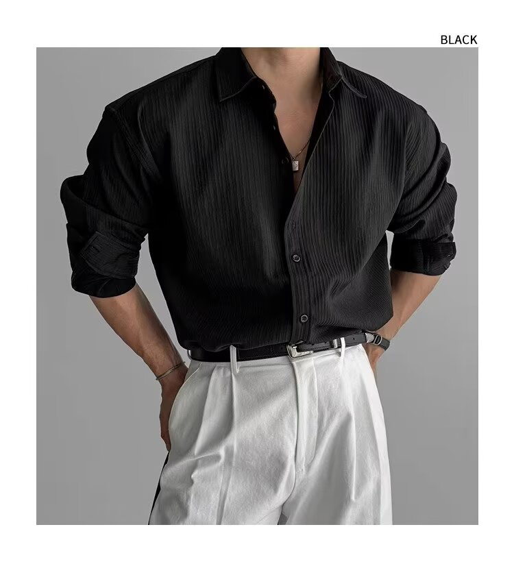 British Lapel Pit Strip Texture Long-sleeved Shirt Men's Casual Business Shirt Drape Light Ripe Style Versatile Top_viptrois.com