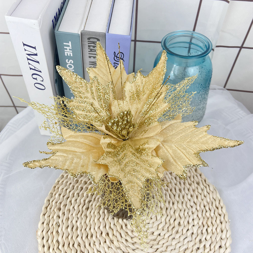 Nueva Flor de Navidad flor artificial polvo de oro hueco franela decoración de árbol de Navidad fiesta decoración de vacaciones flor falsa al por mayor