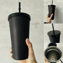 原创设计酷黑不锈钢保温保冷吸管杯男夏季女磨砂学生大容量咖啡杯