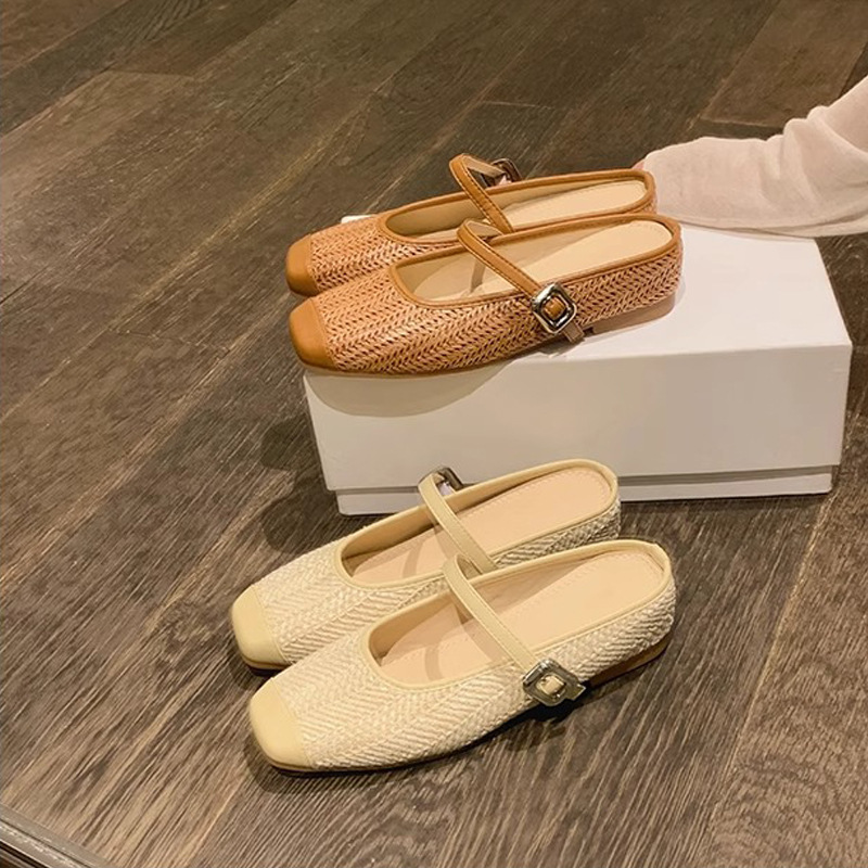 La madre de la uva aumenta 5cm en verano ~ Sandalias de cabeza cuadrada retro tejido de paja estilo vacacional perezoso medio arrastrando mujer verano