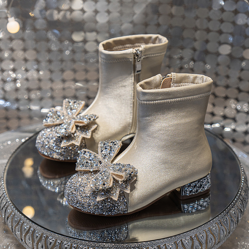 Girls' Short Boots Winter 2025 Autumn and Winter Fleece-Lined Kidsren's Princess Leather Boots Little Girl's Shoes High-Heeled Baby Girl's Boots