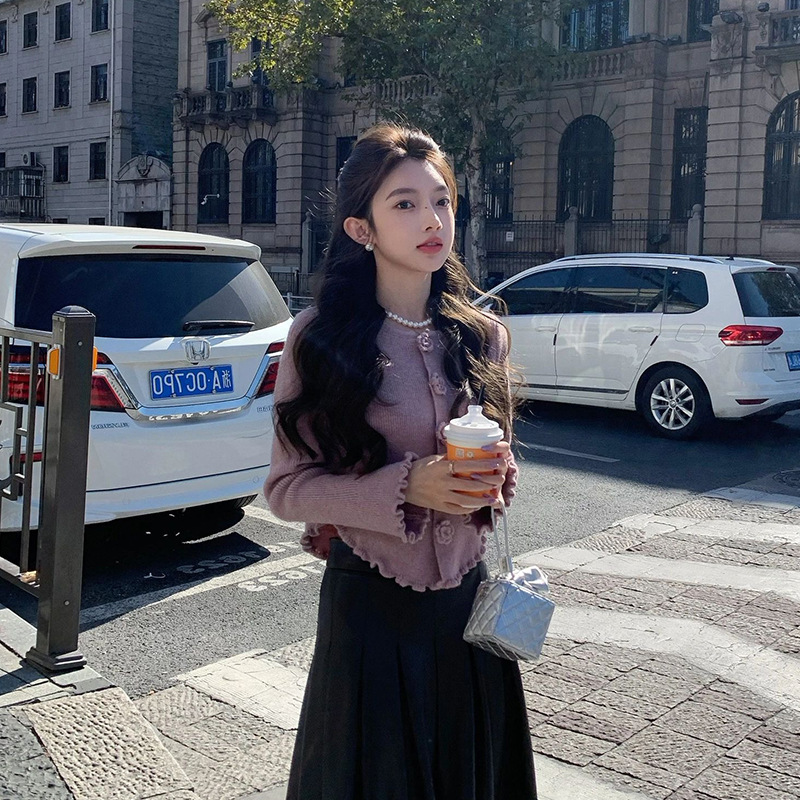 ChicShe ChicShe 2024 Cardigan lavorato a maglia color camelia viola per donna, stile coreano, inizio autunno, unico e bellissimo, cappotto corto versatile_voghion.com