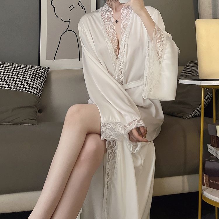 French-Style Dressing Gown Women's Nightgown Ice Silk Sexy Pajamas Women's Summer Palace Lace Long-Sleeved Nightgown Two-Piece Set Home Wear