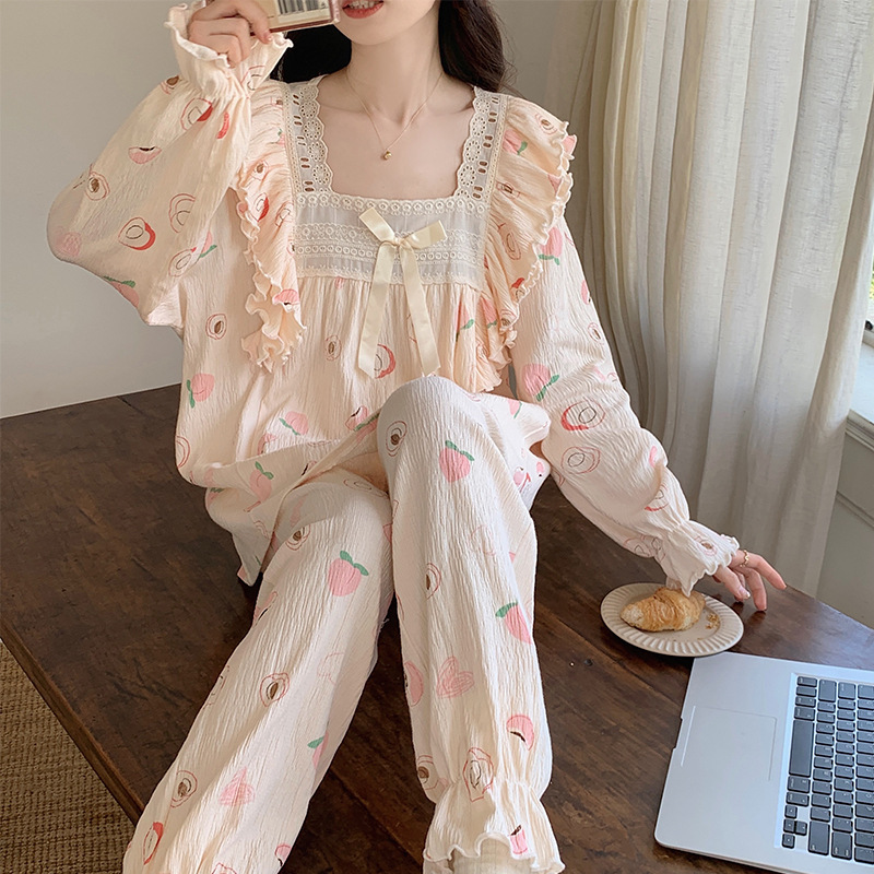 Spring and Autumn Sweet Princess Style Long Sleeve Pajamas Women's Collar Lace Edge Bubble Loose Cute Girl's Home Clothes