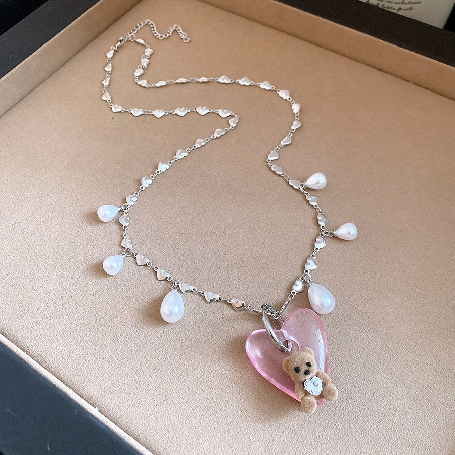 Resina de zircón fringe amor peluche osos collar de perlas temperamento suéter cadena alta sensación lujoso conjunto de joyas ligeras