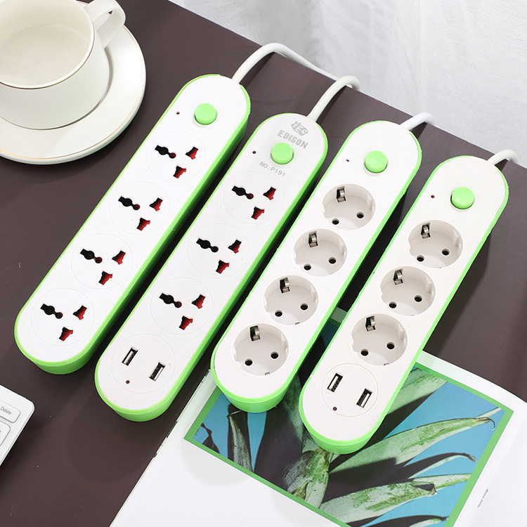 欧标转换插座USB智能电源带线排插 2米开关多孔位大功率办公插排