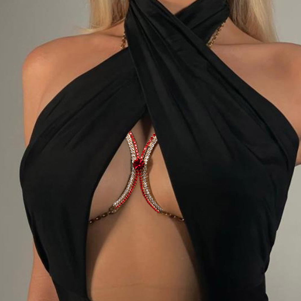 Cruz-frontera europea y americana rhinestone pecho soporte moda mujer sexy color diamante Halter pecho soporte bikini cuerpo cadena accesorios cadena