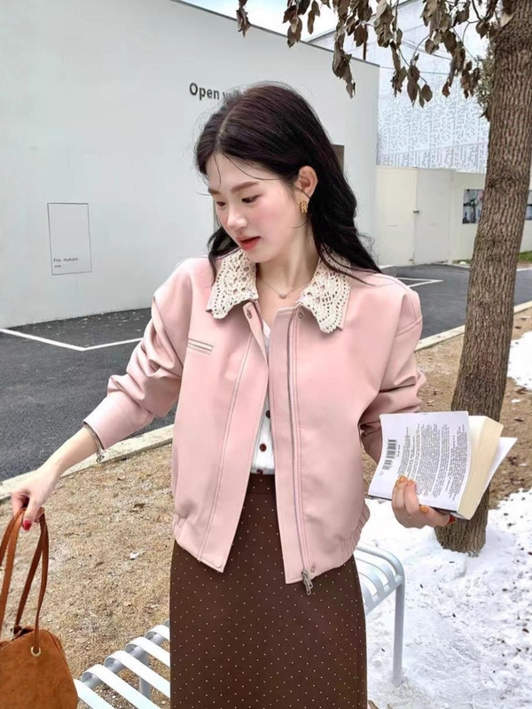 火火火桃雾心笺韩版粉色气质领口拼接皮衣显白气质显瘦新款外套|undefined