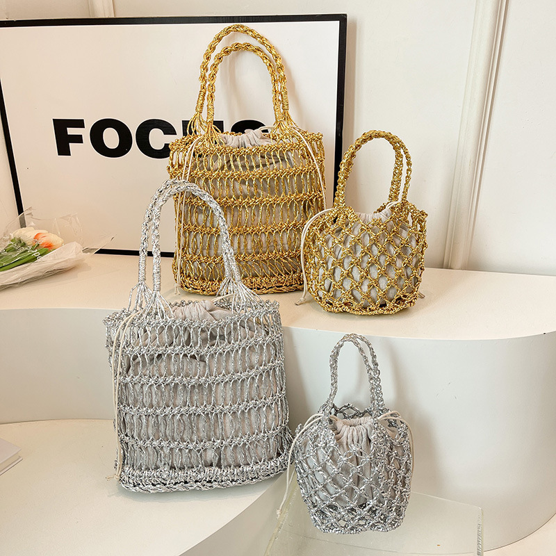 Korean Ins Gold and Silver Line Hollow Hand Woven Bag Holiday Beach Bag Portable Straw Woven Bag Handbag Women's Bag