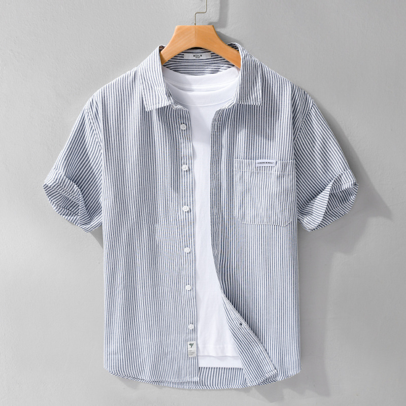 Summer Men's Striped Simple Short-Sleeve Shirt Trendy Casual Loose Popular Youth Versatile Men's Shirt 211