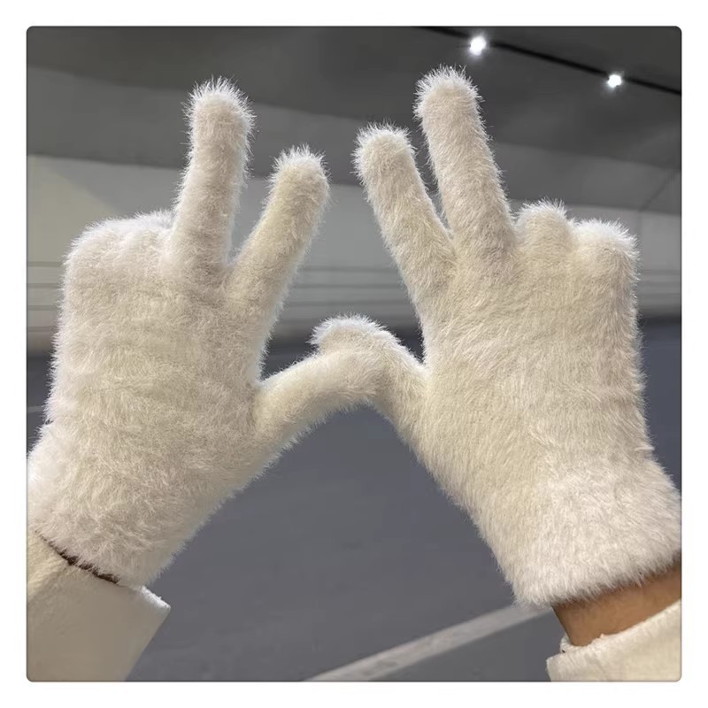 冬季骑车保暖手套仿兔毛毛绒ins女加绒手套貂毛  白色 1双