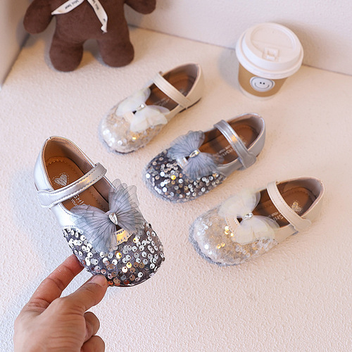 Autumn Korean-style shiny sequin winged shallow mouth poodle shoes with soft soles for girls and children princess single shoes