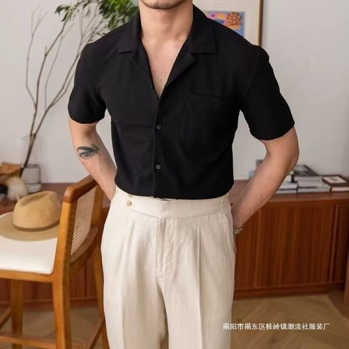 Summer Linen Cuban Collar Short Sleeve Shirt Beach Vacation Style Breathable Solid Color Blouse Retro Loose Fit Top Trendy