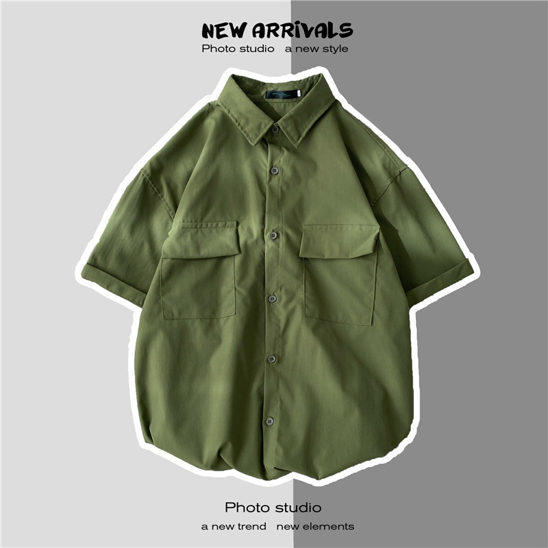 Verano estilo de Hong Kong ins camisa de manga corta de los hombres de doble bolsillo de moda estudiante suelta media manga casual ropa de trabajo camisa
