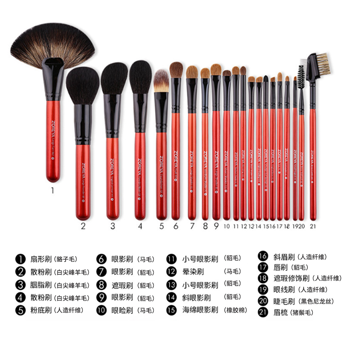 Zhuolya patrón de cuero de cocodrilo rojo 21 piezas conjunto completo cepillo de maquillaje de lana mango de madera herramientas de maquillaje conjunto de cepillo de maquillaje