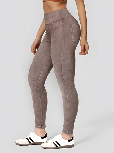 European-style faux denim yoga fitness leggings for women, slimming, lifting buttocks, elastic tight pants, high-waisted, tummy control, Barbie pants with pockets
