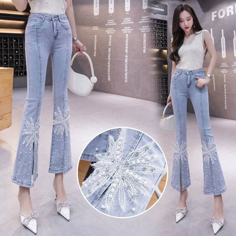 Micro Flared Pants High Waist Split Jeans Women's Spring New Stretch Korean Style Slim Fit Beaded Heavy Industry Cropped Pants