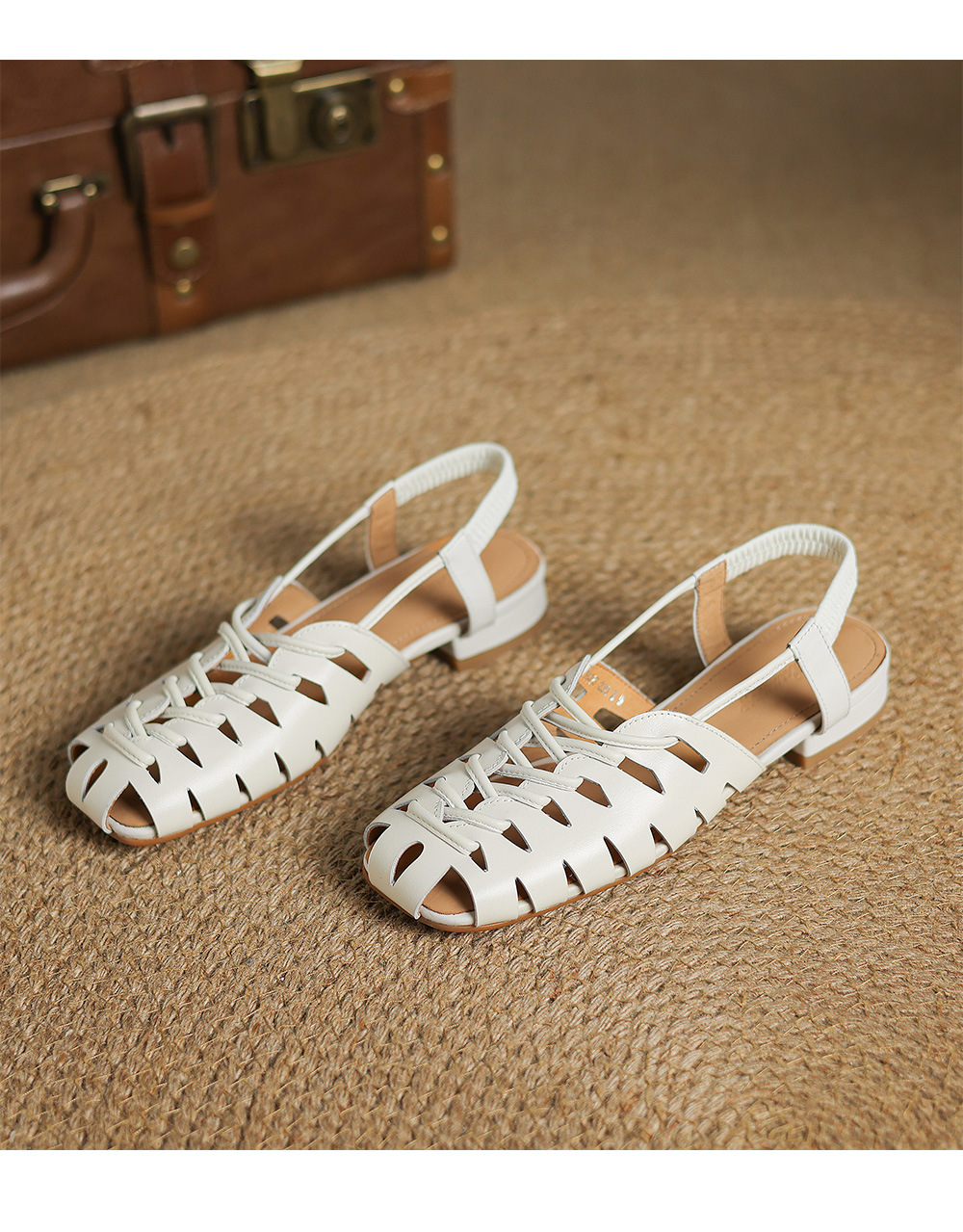 Dép sandal nữ da bò đế bệt dệt rỗng kiểu retro La Mã — đen chi tiết 20