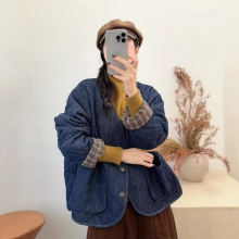 秋冬新品 日系森女系复古v领夹棉菱形加厚保暖牛仔棉衣外套女休闲