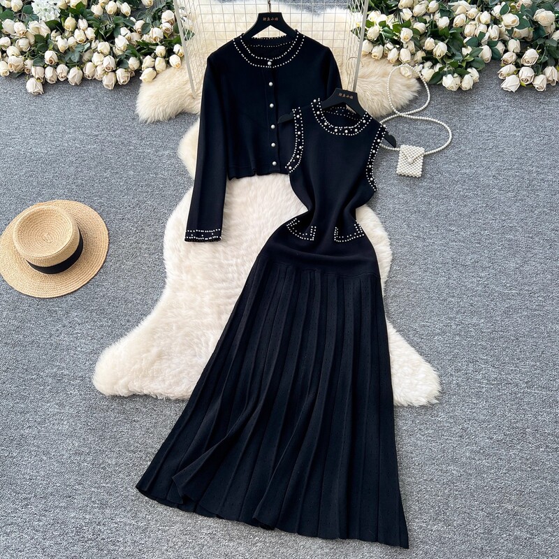 Cross-Border Chanel-Style Fashion for Women in Autumn: Beaded Round-Neck Sleeveless Knit Dress, Long-Sleeve Beaded Cardigan Cross-Border Chanel-Style Fashion for Women in Autumn: Beaded Round-Neck Sleeveless Knit Dress, Long-Sleeve Beaded Cardigan
