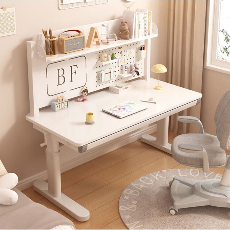 Solid Wood Children's Desk with Manual Height Adjustment, Large White Desk for Home Use, Bedroom Study Desk for Primary School Students, Pegboard Writing Desk