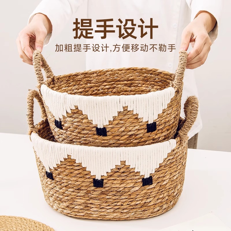 Cesta de almacenamiento doméstica tela de paja cesta de almacenamiento portátil estilo pastoral residencial artesanal tela de caña snack juguetes cesto de almacenamiento