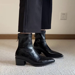 羊皮版~尖头复古弹力瘦瘦靴通勤气质后拉链粗跟短靴女显瘦黑色靴