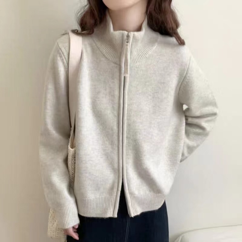 韩版慵懒风针织立领开衫女2025秋冬新款宽松软糯双拉链毛衣女外套