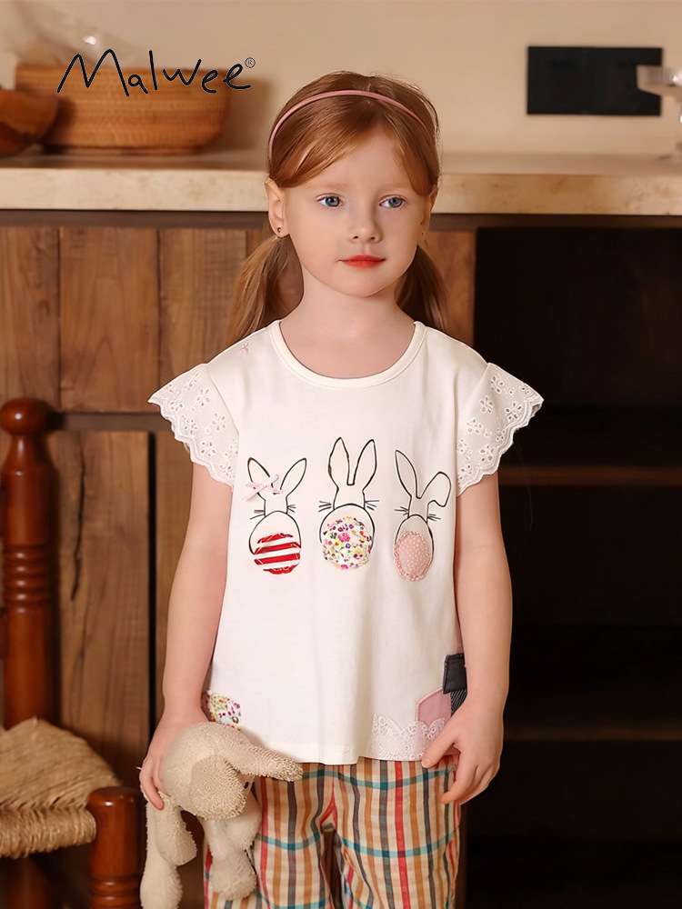 En stock ropa de verano malwee para niñas nuevo estilo europeo y americano de los niños de manga corta Camiseta de manga corta de niña