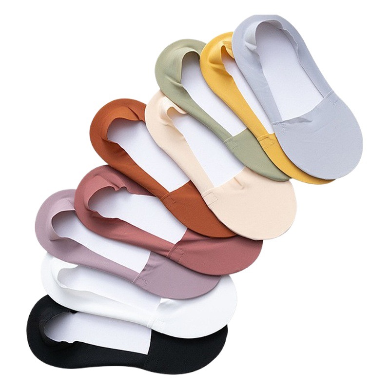 Calcetines de las mujeres de corte bajo invisible de seda de hielo verano fina toalla transparente Fondo aire que absorbe el sudor de silicona calcetines sin talón